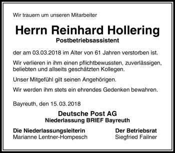 Anzeige von Reinhard Hollering von Nordbayerischer Kurier