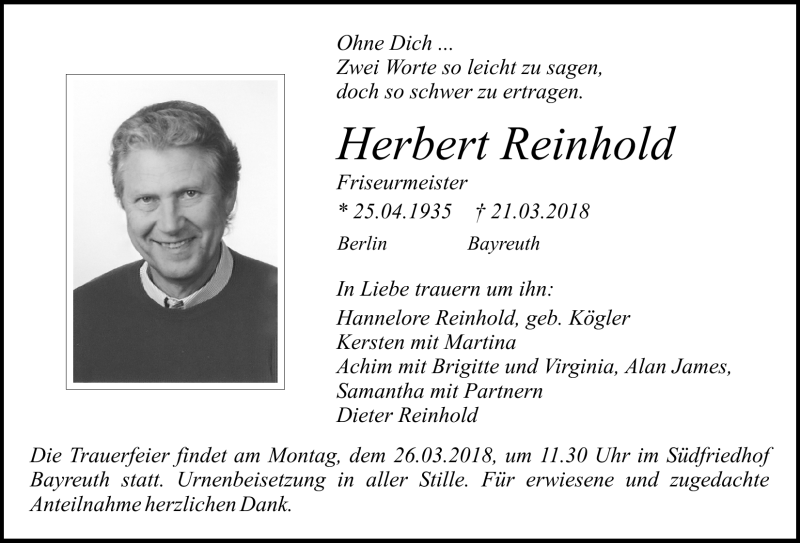  Traueranzeige für Herbert Reinhold vom 23.03.2018 aus Nordbayerischer Kurier