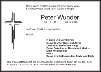 Anzeige von Peter Wunder von Nordbayerischer Kurier