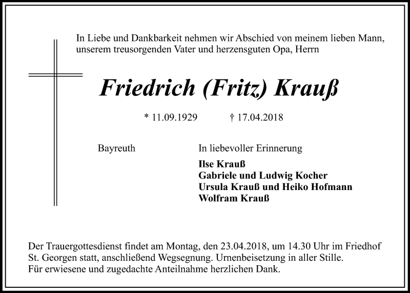  Traueranzeige für Friedrich Krauß vom 19.04.2018 aus Nordbayerischer Kurier