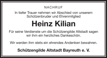 Anzeige von Heinz Kilian von Nordbayerischer Kurier
