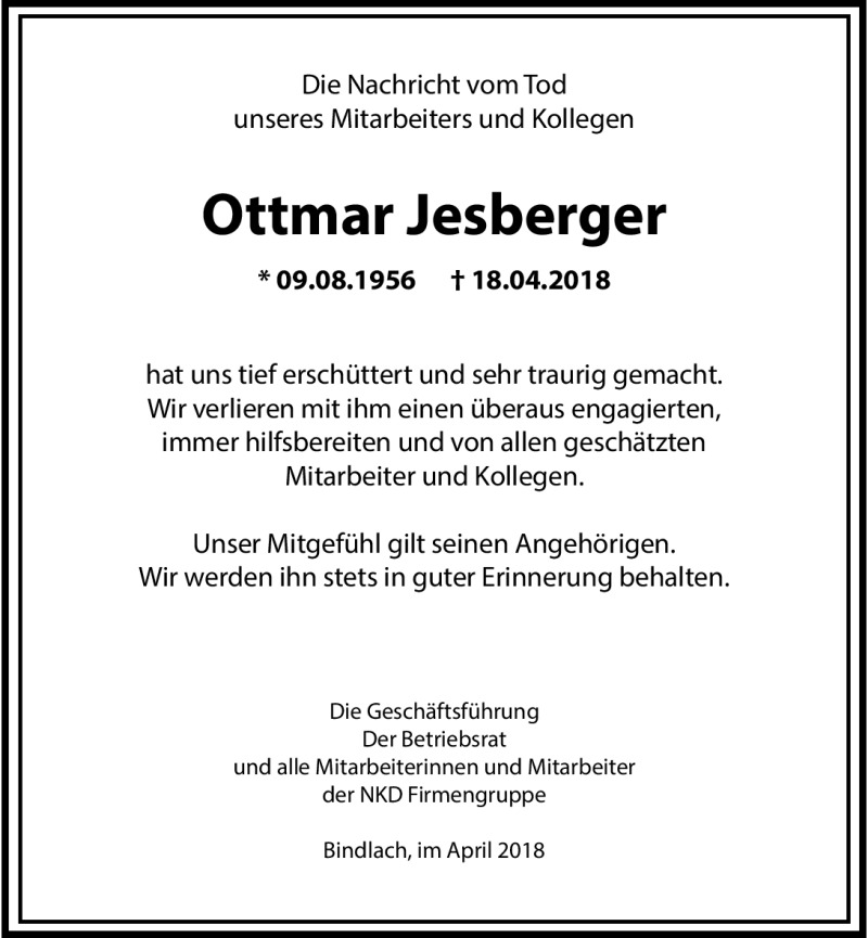  Traueranzeige für Ottmar Jesberger vom 27.04.2018 aus Nordbayerischer Kurier