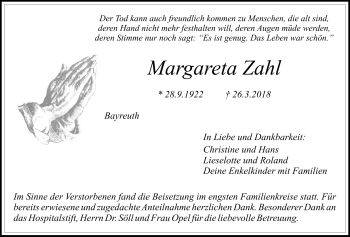 Anzeige von Margareta Zahl von Nordbayerischer Kurier