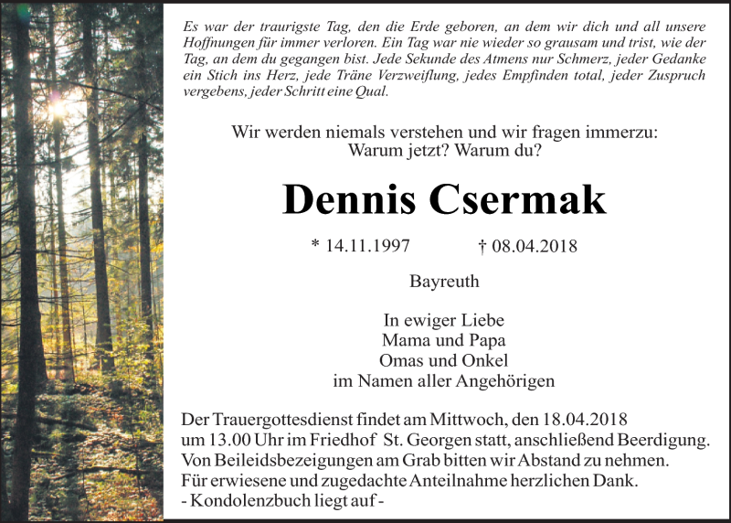  Traueranzeige für Dennis Csermak vom 14.04.2018 aus Nordbayerischer Kurier
