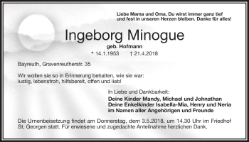 Anzeige von Ingeborg Minogue von Nordbayerischer Kurier