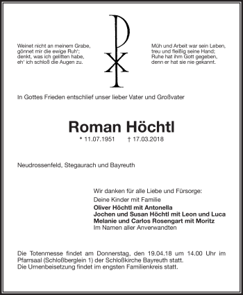 Anzeige von Roman Höchtl von Nordbayerischer Kurier