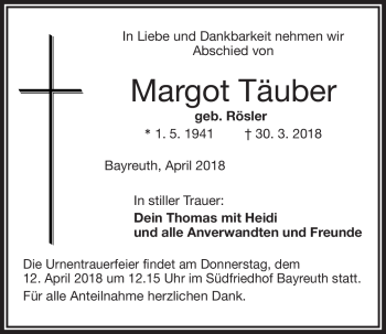 Anzeige von Margot Täuber von Nordbayerischer Kurier
