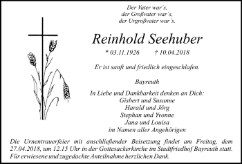 Anzeige von Reinhold Seehuber von Nordbayerischer Kurier