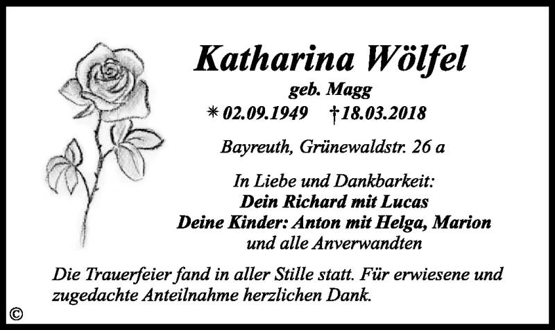  Traueranzeige für Katharina Wölfel vom 06.04.2018 aus Nordbayerischer Kurier