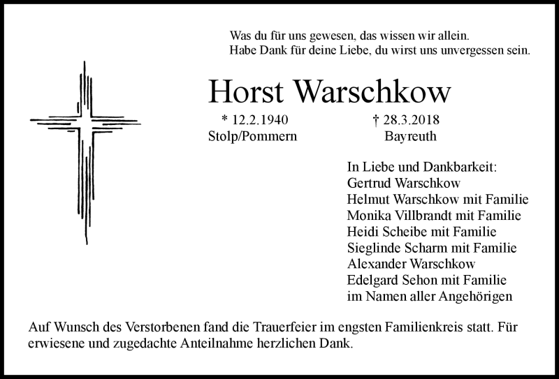  Traueranzeige für Horst Warschkow vom 06.04.2018 aus Nordbayerischer Kurier