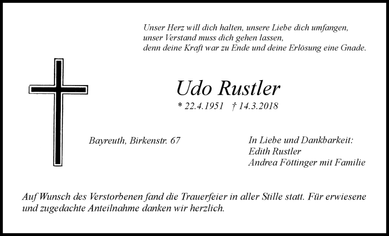  Traueranzeige für Udo Rustler vom 07.04.2018 aus Nordbayerischer Kurier