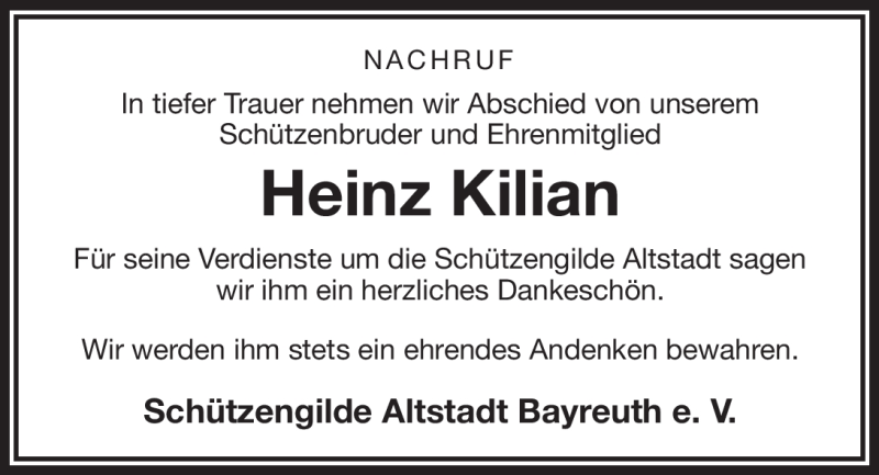  Traueranzeige für Heinz Kilian vom 19.04.2018 aus Nordbayerischer Kurier