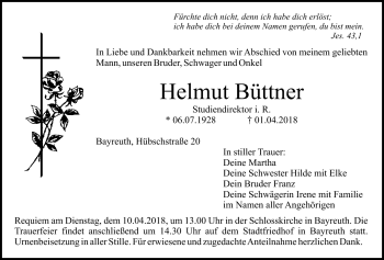 Anzeige von Helmut Büttner von Nordbayerischer Kurier