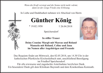 Anzeige von Günther König von Nordbayerischer Kurier
