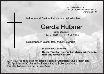 Anzeige von Gerda Hübner von Nordbayerischer Kurier