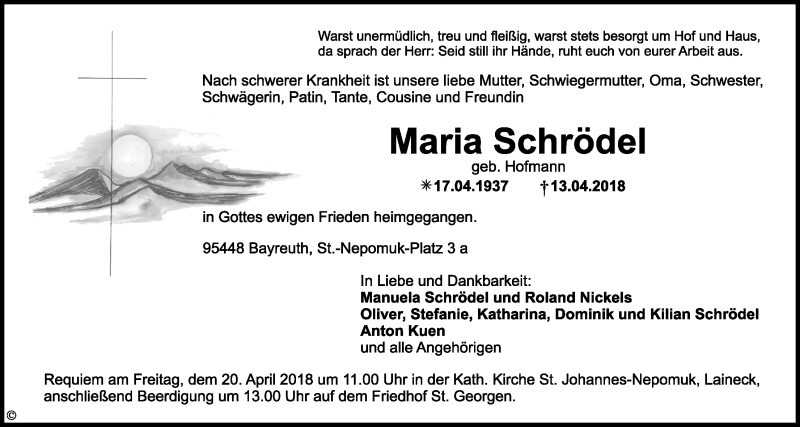  Traueranzeige für Maria Schödel vom 17.04.2018 aus Nordbayerischer Kurier