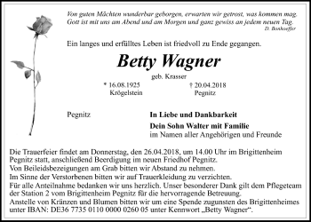 Anzeige von Betty Wagner von Nordbayerischer Kurier