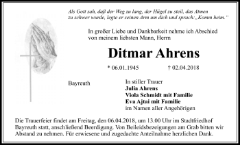 Anzeige von Ditmar Ahrens von Nordbayerischer Kurier