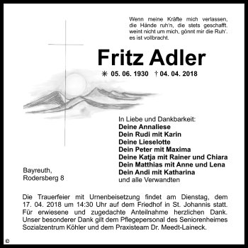 Anzeige von Fritz Adler von Nordbayerischer Kurier