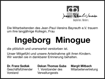 Anzeige von Ingeborg Minogue von Nordbayerischer Kurier