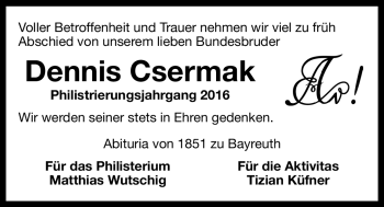 Anzeige von Dennis Csermak von Nordbayerischer Kurier