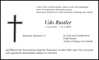 Anzeige von Udo Rustler von Nordbayerischer Kurier