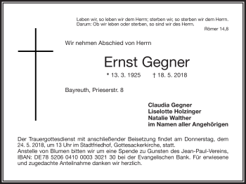 Anzeige von Ernst Gegner von Nordbayerischer Kurier