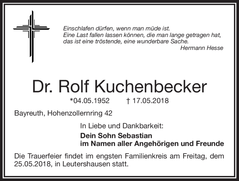  Traueranzeige für Rolf Kuchenbecker vom 23.05.2018 aus Nordbayerischer Kurier