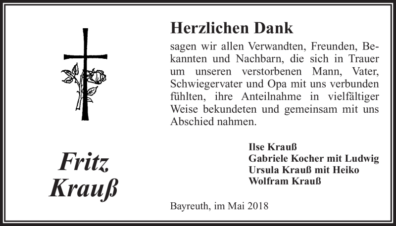 Traueranzeige für Fritz Krauß vom 01.05.2018 aus Nordbayerischer Kurier