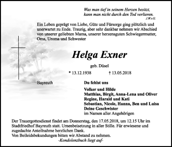 Anzeige von Helga Exner von Nordbayerischer Kurier