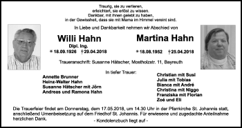 Anzeige von WilliMartina HahnHahn von Nordbayerischer Kurier