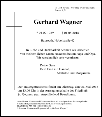 Anzeige von Gerhard Wagner von Nordbayerischer Kurier