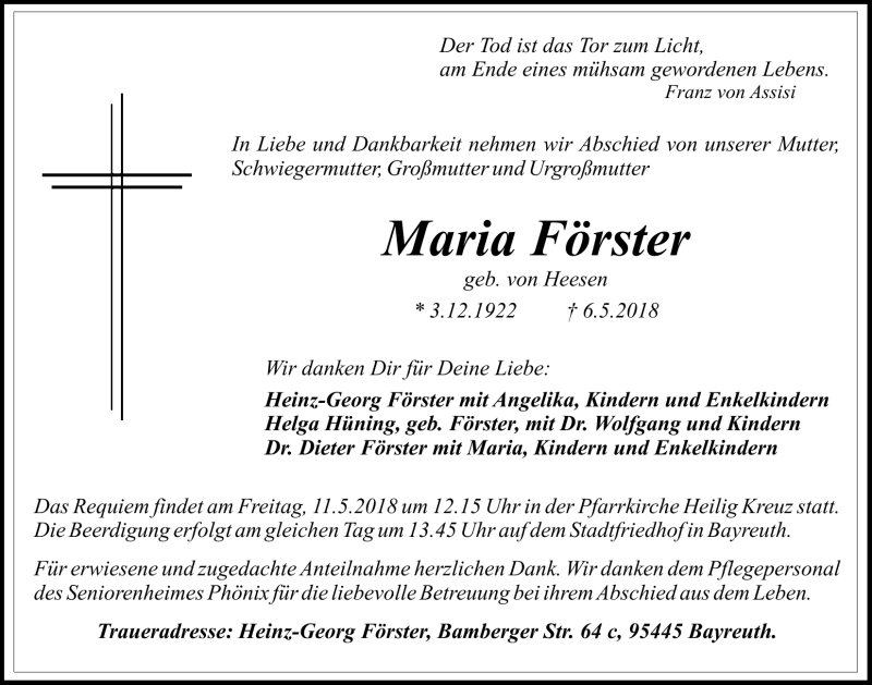  Traueranzeige für Maria Förster vom 09.05.2018 aus Nordbayerischer Kurier