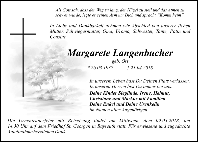  Traueranzeige für Margarete Langenbucher vom 05.05.2018 aus Nordbayerischer Kurier