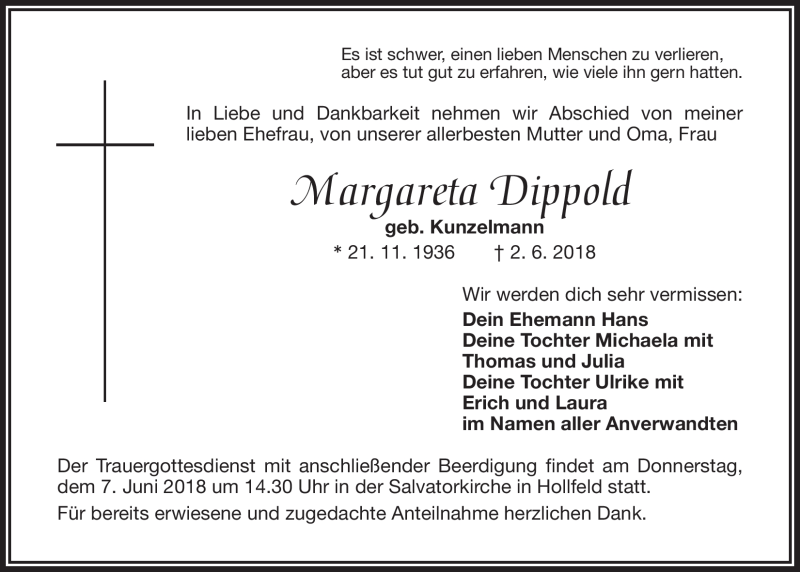  Traueranzeige für Margareta Dippold vom 05.06.2018 aus Nordbayerischer Kurier