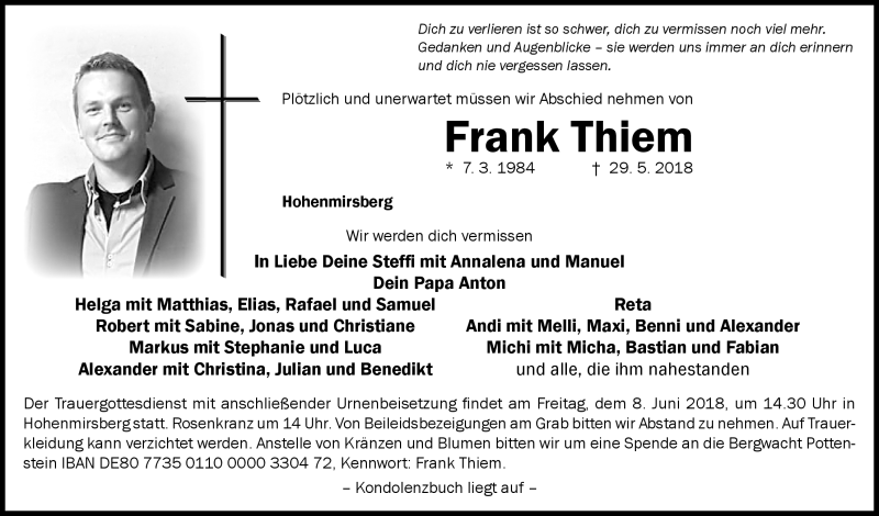  Traueranzeige für Frank Thiem vom 06.06.2018 aus Nordbayerischer Kurier