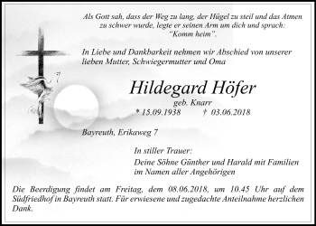 Anzeige von Hildegard Höfer von Nordbayerischer Kurier