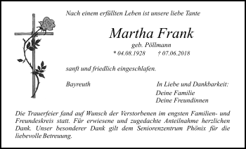 Anzeige von Martha Frank von Nordbayerischer Kurier
