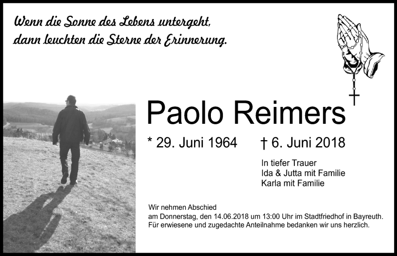  Traueranzeige für Paolo Reimers vom 13.06.2018 aus Nordbayerischer Kurier