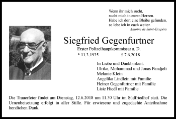 Anzeige von Siegfried Gegenfurtner von Nordbayerischer Kurier