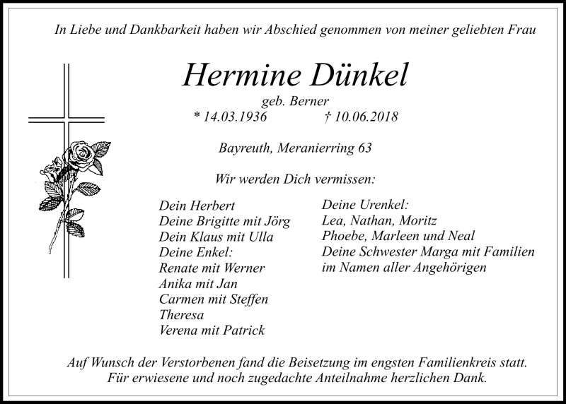  Traueranzeige für Hermine Dünkel vom 23.06.2018 aus Nordbayerischer Kurier