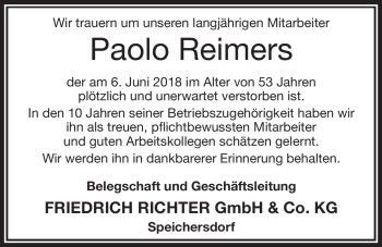 Anzeige von Paolo Reimers von Nordbayerischer Kurier