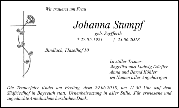 Anzeige von Johanna Stumpf von Nordbayerischer Kurier