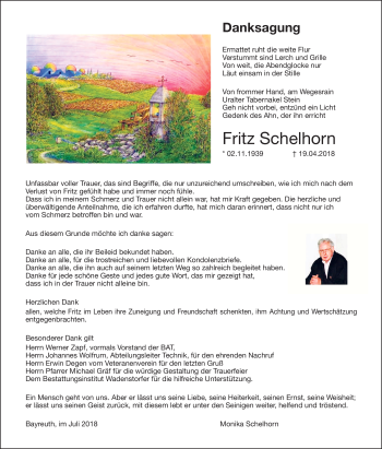 Anzeige von Fritz Schelhorn von Nordbayerischer Kurier