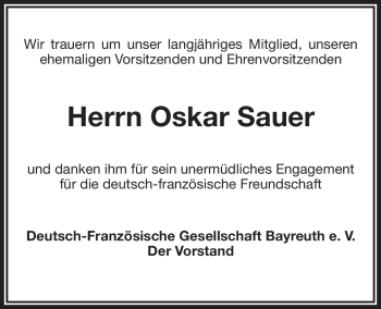 Anzeige von Oskar Sauer von Nordbayerischer Kurier