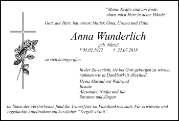Anzeige von Anna Wunderlich von Nordbayerischer Kurier