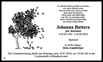 Anzeige von Johanna Buttera von Nordbayerischer Kurier