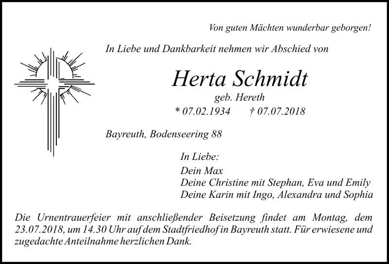  Traueranzeige für Herta Schmidt vom 20.07.2018 aus Nordbayerischer Kurier