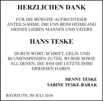 Anzeige von Hans Teske von Nordbayerischer Kurier