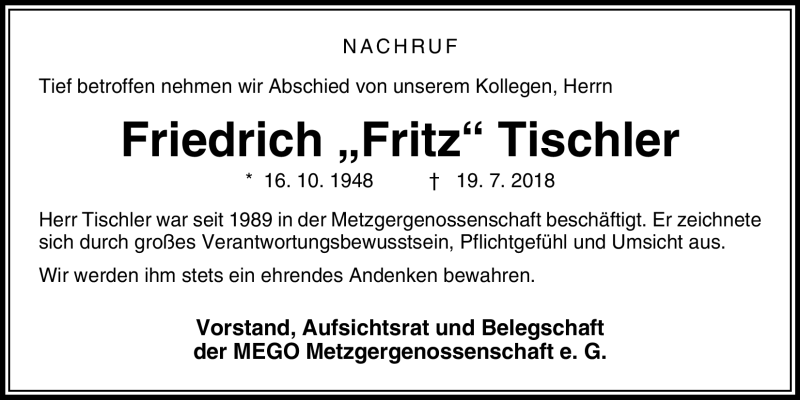  Traueranzeige für Friedrich Tischler vom 25.07.2018 aus Nordbayerischer Kurier